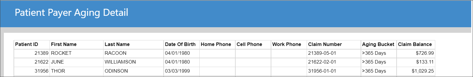 Example output of patient payer aging detail.